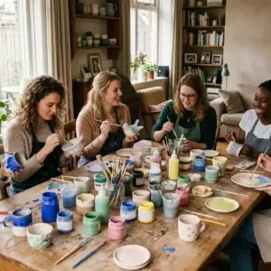 Groep vrienden glazuurt samen keramiek aan een woonkamertafel